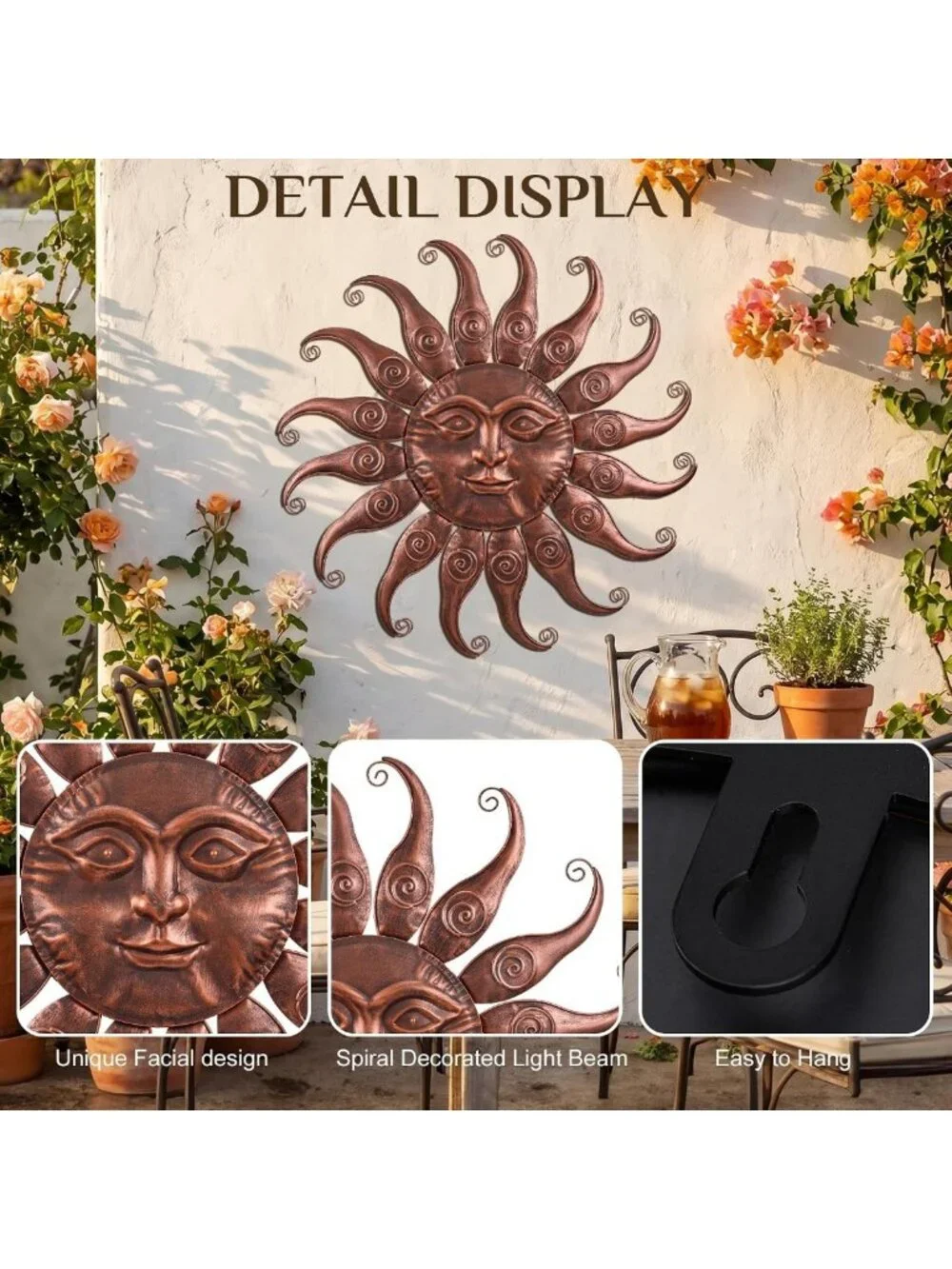 Rustic Bronze Sun Wall Decor - Metal Hanging Sculpture for Outdoor Patio